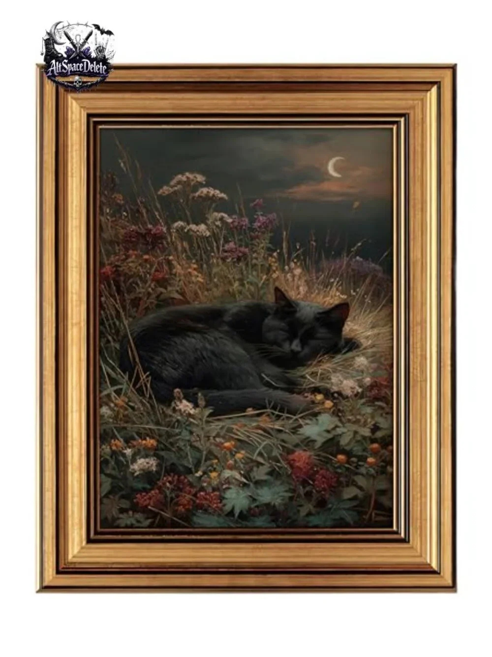 9x11 Framed Canvas Sleeping Black Cat Crescent Moon Wall Art Gothic Decor